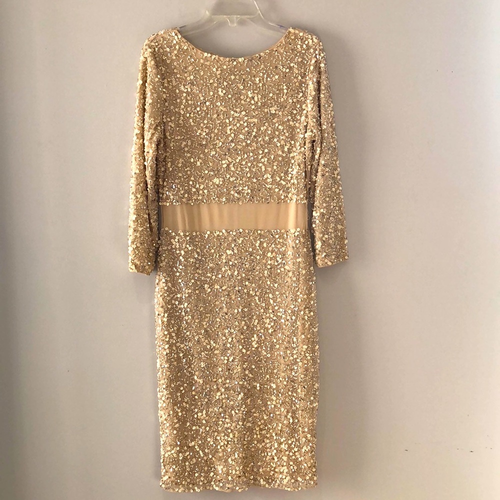 Gold sequins and beaded dress. Mesh background. Long sleeves. Size S